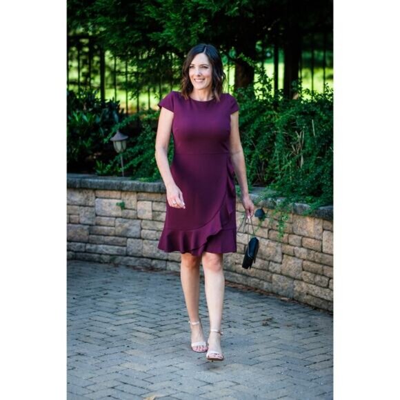 KARL LAGERFELD Paris Cap-Sleeve Ruffle-Hem Dress Size 12 Eggplant - Picture 3 of 7